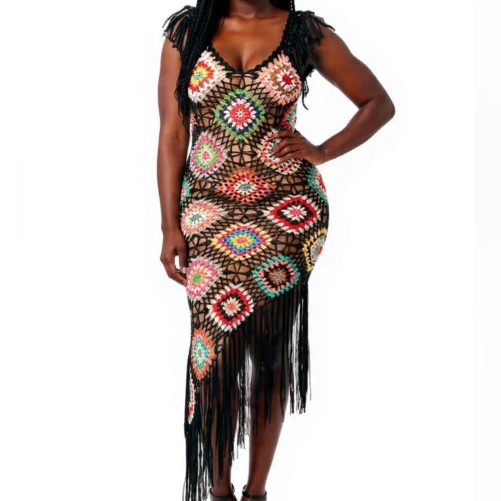 Boho Crochet Fringe Midi Dress - Black with Multicolor Diamonds